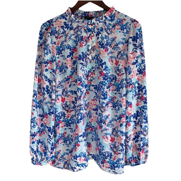 Talbots Ruffled Collar Floral Long Sleeve Shirt Semi Button Front Size XL - Picture 1 of 11